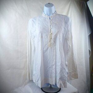 Lauren Ralph Lauren White Cotton Pintuck Button-Front Tunic Top With Split Hem L